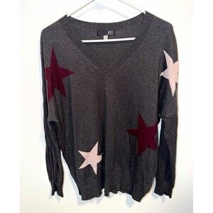 KUT from the Kloth Women's L Gray Stars Knit V-Neck Long Sleeve Sweater. A15